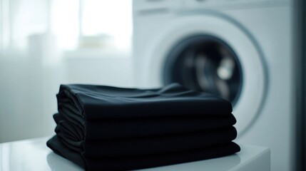 Fototapeta premium Neatly folded formal clothes in modern minimalist laundry room setting
