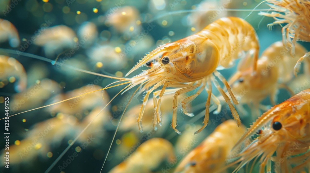 Poster numerous small orange shrimp glide gracefully through clear water, creating a lively scene within a 