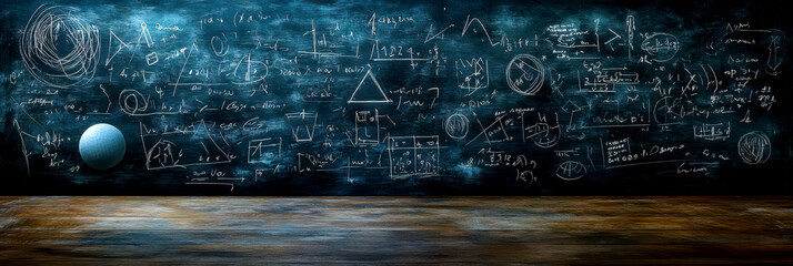 Abstract Blackboard with Mathematical Formulas and Cosmic Elements Background