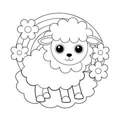 A fluffy little lamb standing in a meadow with flowers and a rainbow behind it for the kid's coloring book
