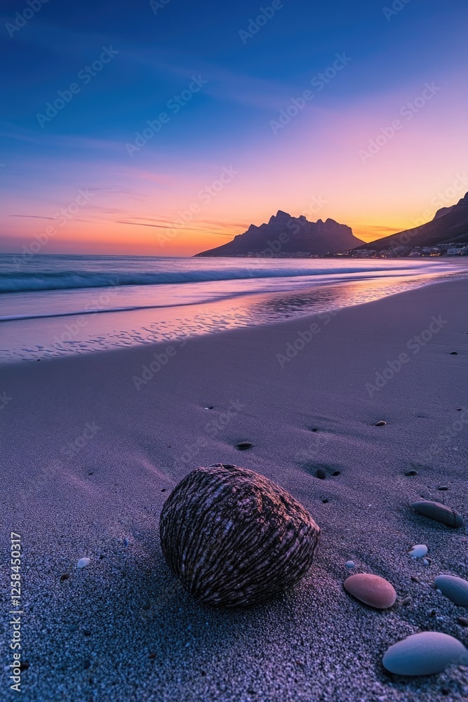 Poster a single coconut sits on a sandy beach with mountains visible in the distance