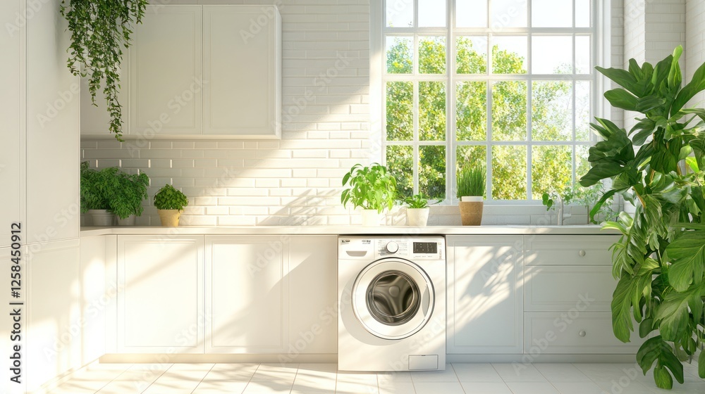 Wall mural Sunlit laundry room with white cabinets, washer, and plants.