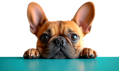 Cute French Bulldog with Folded Ears Peeking Over a Tabletop Isolate on Transparent Background, cutout, png