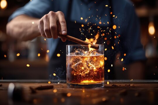 Cocktail Bartending Techniques Concept. Hand Holding Cinnamon Stick with Flames over Glass of Cocktail in Bar Environment
