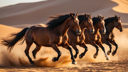 Majestic Horses Galloping Through Desert Sands, Three powerful horses running gracefully across golden sands, symbolizing freedom and strength in nature.