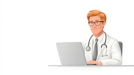 Fototapeta premium Cartoon doctor with laptop, healthcare in the digital age online medicine and medical technology