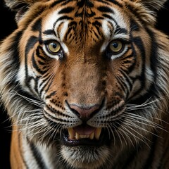 Naklejka premium Majestic Roaring Tiger with Striking Features, A fierce tiger with vibrant stripes and an intense expression, perfect for wildlife enthusiasts and art projects.