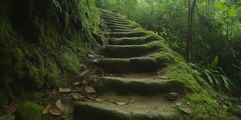 Rainsoaked Stone Steps In Lush Rainforest;keywords" ["steps","rainforest","jungle","staircase","ston