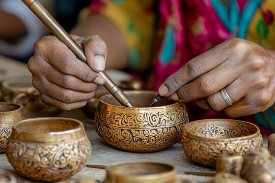 Close-up of hands meticulously crafting ornate brass bowls, showcasing intricate detailing and traditional craftsmanship.