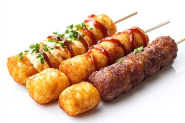 Freshly cooked skewered food arranged on a clean white plate, great for outdoor or party settings