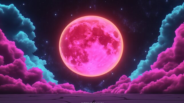 Surreal pink moon rising over neon clouds. Dreamy, vibrant night sky artwork.