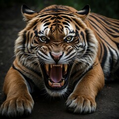 Obraz premium Majestic Roaring Tiger with Striking Features, A fierce tiger with vibrant stripes and an intense expression, perfect for wildlife enthusiasts and art projects.