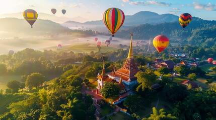 Fototapeta premium Colorful Hot Air Balloons Over Scenic Landscape at Sunrise