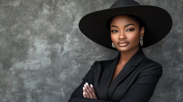 A woman dressed in a black hat and blazer, likely for formal or professional occasion