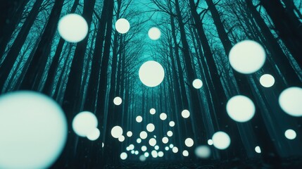 Enchanted Forest with Floating Lights and Mystical Aura at Night