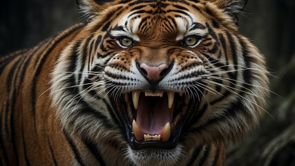 Fototapeta premium Majestic Roaring Tiger with Striking Features, A fierce tiger with vibrant stripes and an intense expression, perfect for wildlife enthusiasts and art projects.