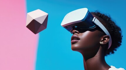A woman wearing a virtual reality headset in a pink and blue environment