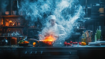 Chef cooking in smoky kitchen, flames in pan.