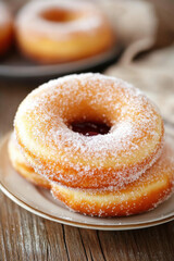 German donuts with jam and icing sugar. Carnival powdered sugar raised donuts with paper streamers