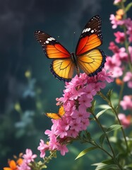 Fototapeta premium Delicate butterfly perches on a vibrant flower stem, colorful, petal