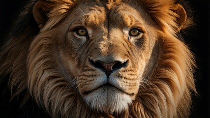 Fototapeta premium Majestic Lion Portrait with Regal Mane, A powerful lion with a thick, golden mane, symbolizing strength and leadership in nature.