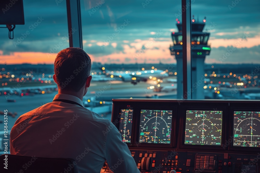 Aufkleber man operating controls at airport terminal