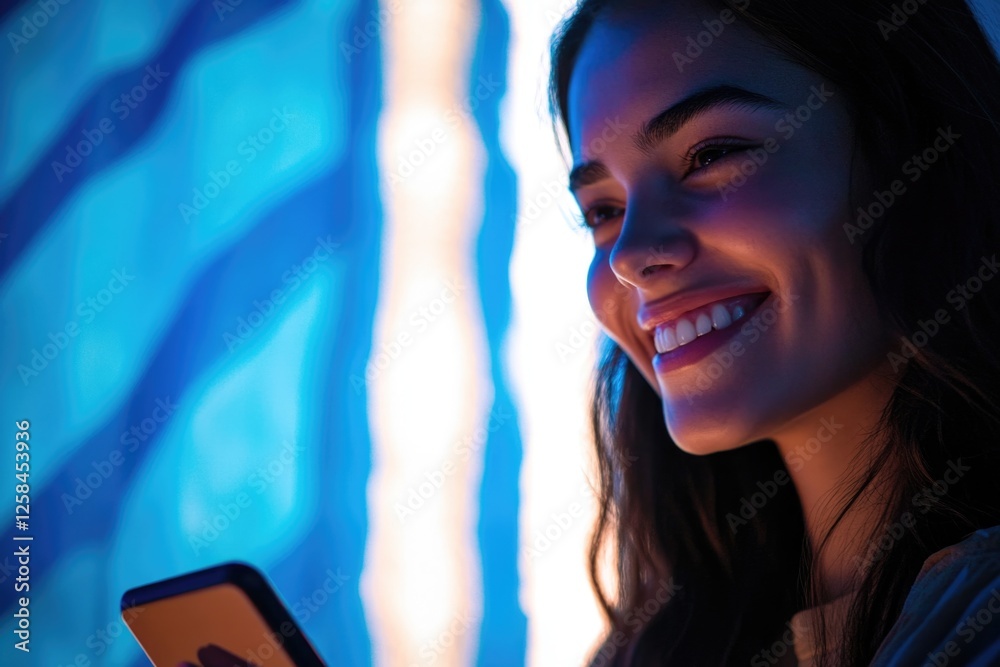 Poster A person smiling while checking their mobile device