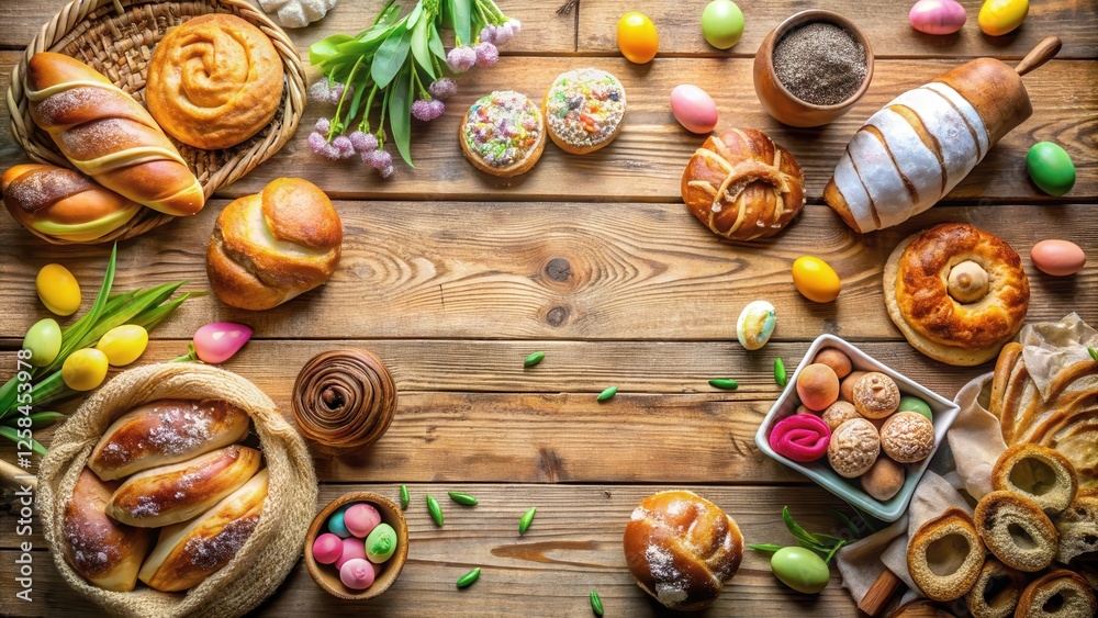 Aufkleber A Bountiful Easter Table Setting Featuring an Array of Sweet Breads and Colorful Treats