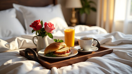 Breakfast in Bed with Flowers, Romantic Morning