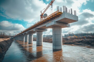 A massive bridge being constructed over a river, with large concrete pillars, steel reinforcements, and cranes lifting heavy materials under a partly cloudy sky, copy space background