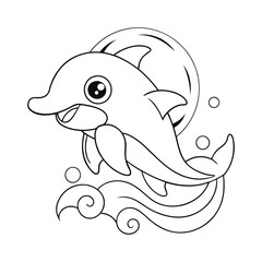 a happy dolphin jumping out of the ocean with a wave for the coloring page, kids' coloring book