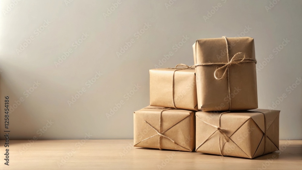 Poster A stack of neatly wrapped packages sits on a wooden surface against a neutral backdrop