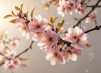 Delicate petals and branch details against a soft gradient background with warm sunlight filtering , abstract background blooming apricot branches, blooming tree branches