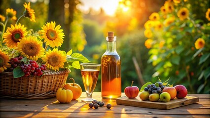 Sunflowers, Fruits & Amber Drink: Summer Picnic Scene Stock Photo