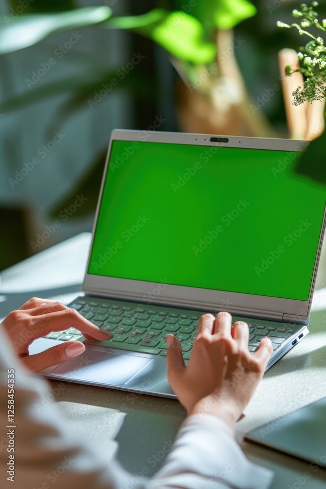 Poster a person sits at a desk using a laptop with a green screen, ideal for presentations or video confere