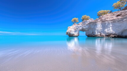Naklejka premium Coastal rock arch, turquoise water, beach, sunny sky, travel poster