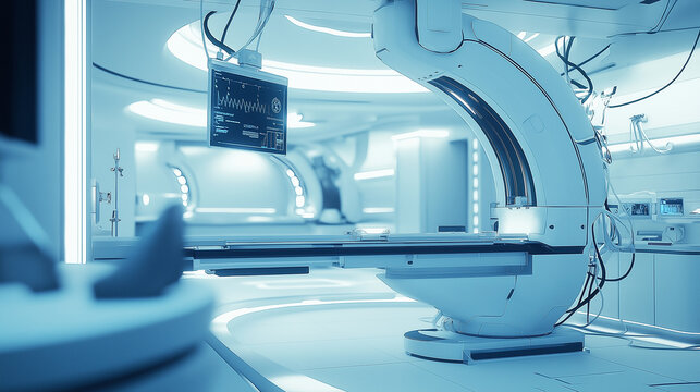 Moderner Operationssaal mit hochentwickeltem C-Bogen-R&ouml;ntgenger&auml;t. Medizinische High-Tech-Ausstattung in blauer Umgebungsbeleuchtung f&uuml;r minimalinvasive Eingriffe