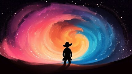 Obraz premium Silhouette of a person in a hat standing before a swirling cosmic nebula of vibrant pinks, oranges, and blues.