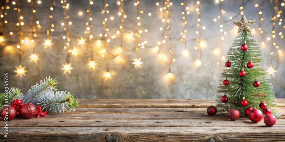 Poster rustic wooden table setting with festive miniature christmas tree and sparkling lights
