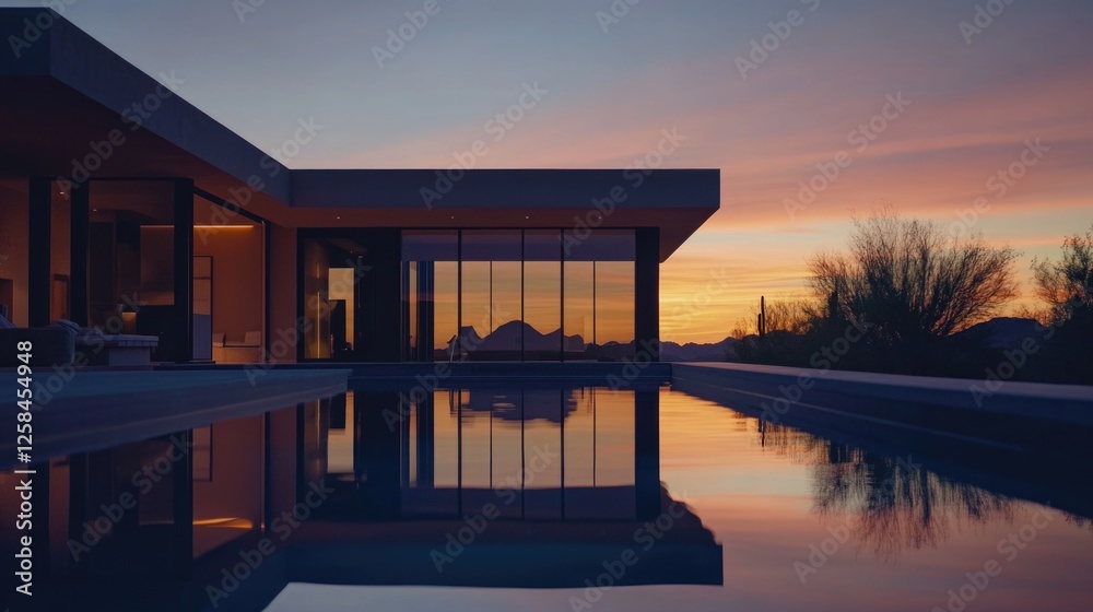 Poster a serene image of a house reflected in a pool at sunset
