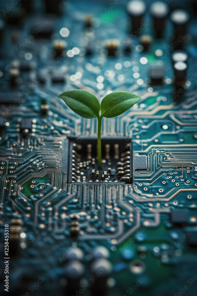 Aufkleber a small plant grows out of a circuit board in a surprising and unexpected way