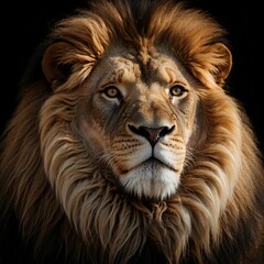 Naklejka premium Majestic Lion Portrait with Regal Mane, A powerful lion with a thick, golden mane, symbolizing strength and leadership in nature.