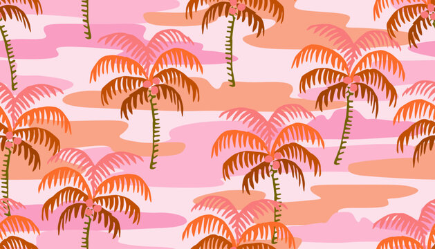 Tropical seamless pattern with hand drawn palm trees. Hawaiian summer background for fabric, textiles, clothing, poster, cover, decoration, banner, wallpaper, interior decor. Vector illustration.