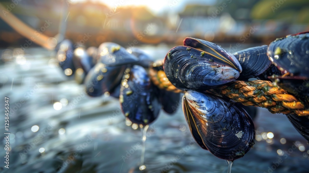 Aufkleber fresh mussels cling to a rope in tranquil waters as sunlight filters through, creating a serene atmo