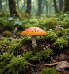 Dense foliage of moss covers the ground around a small mushroom growing in the center of a bush, organic, wild, earthy