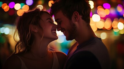 a man and woman kissing each other in front of a colorful light display
