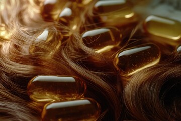 A close-up shot of multiple pills lying on a strand of hair