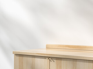 Natural Wood cabinet with Soft Sunlight and Shadows on Wall Background . Space for product presentation display. 3D illustration