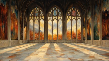 Obraz premium Serene autumnal light floods a grand hall through stunning stained-glass windows, illuminating the stone floor.