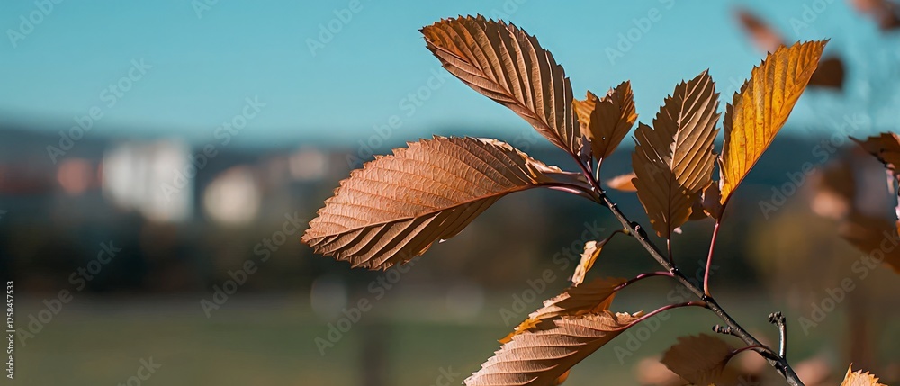 Wall mural Closeup of Brown and Gold Autumn Leaves on Branch